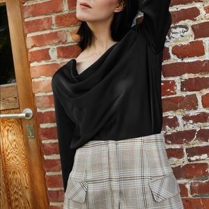 Elegant Black Silk Draped Long Sleeve Blouse Sz XS New